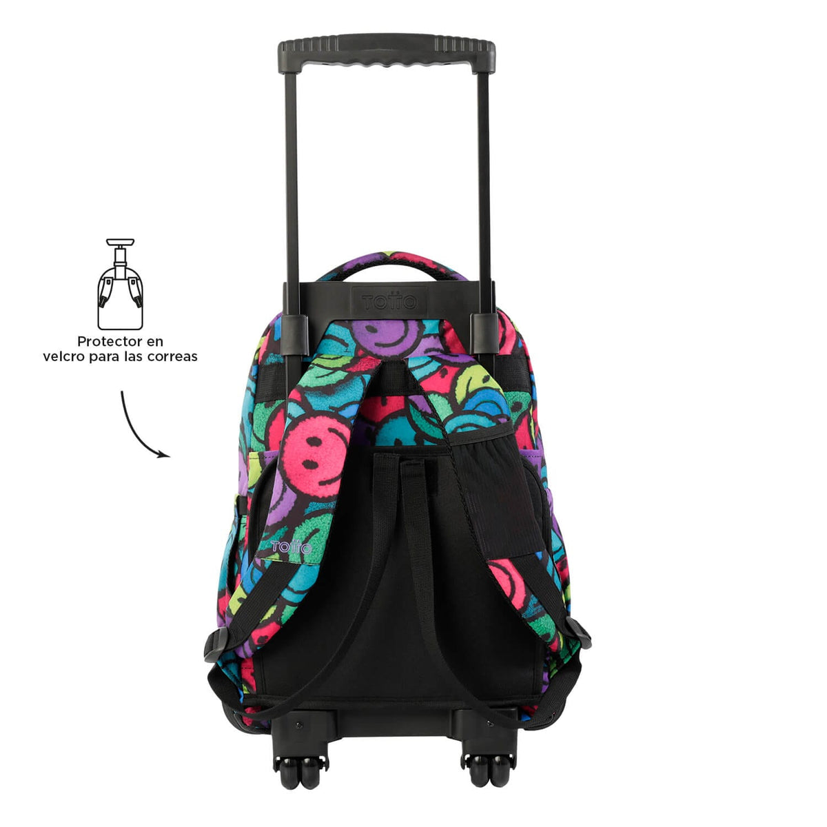 Mochila con ruedas Totto Smiley multicolor – vista trasera con protector de correas en velcro