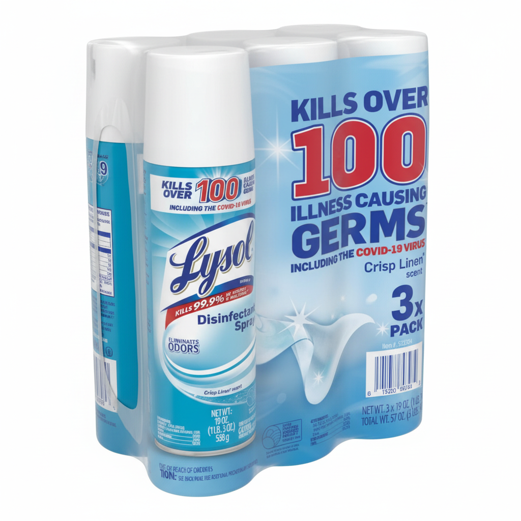 Lysol Spray Desinfectante Crisp Linen pack de 3 aerosoles azules