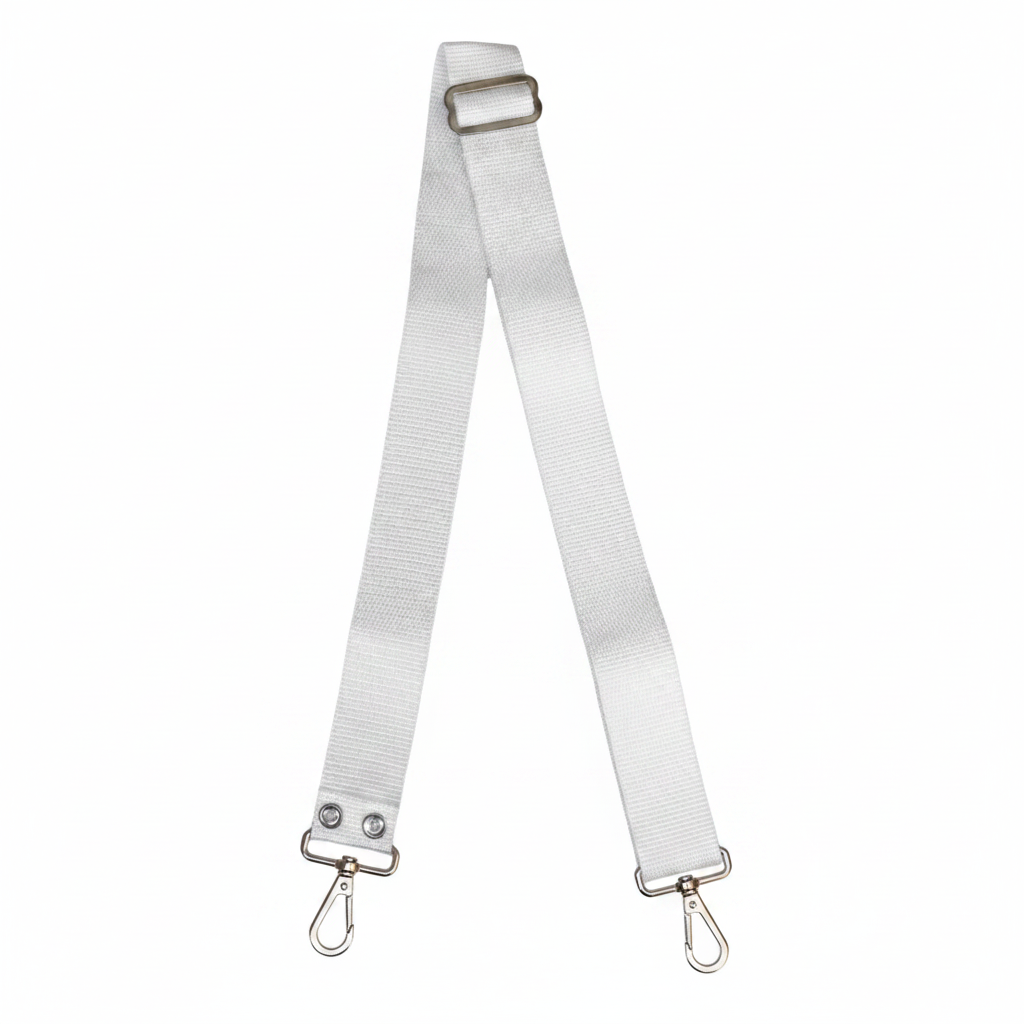 Faja para tambor de marcha blanca con hebilla ajustable y ganchos metálicos plateados