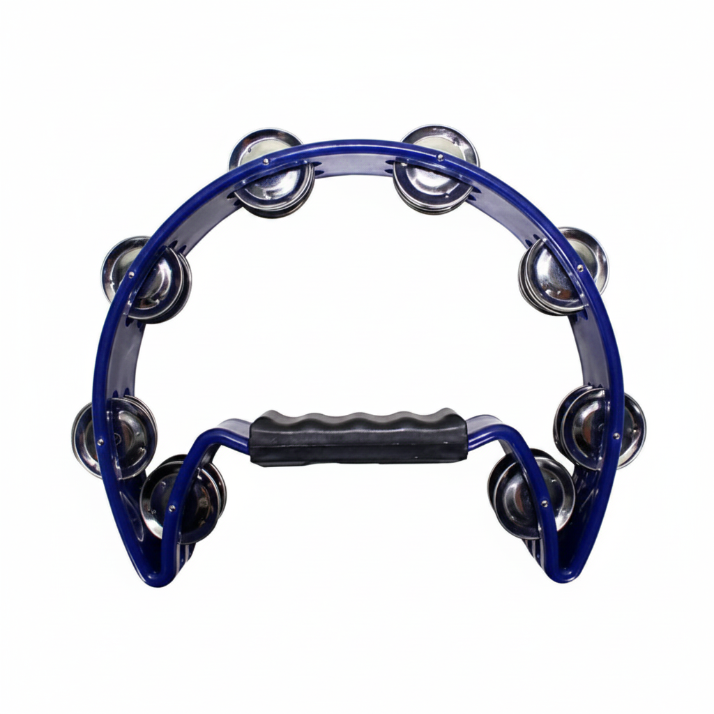 Pandero media luna azul con platillos metálicos cromados y mango ergonómico negro