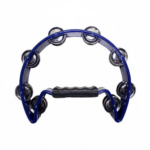 Pandero media luna azul con platillos metálicos cromados y mango ergonómico negro