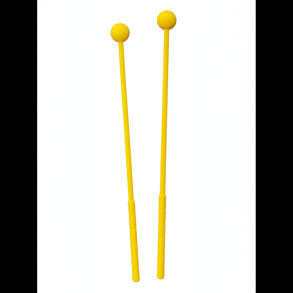 Par de palillos para lira de marcha color amarillo con cabeza esférica de goma