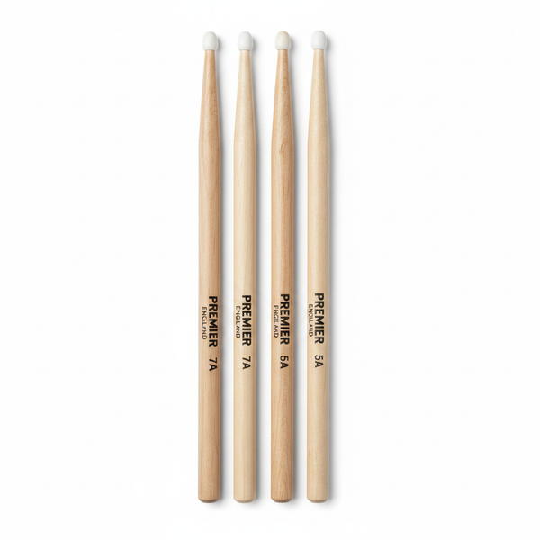 Par de baquetas de madera con punta de nylon Premier England tallas 7A y 5A